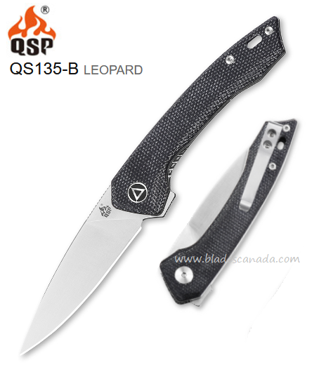 QSP Leopard Flipper Folding Knife, 14C28N Sandvik, Micarta Black, QS135-B